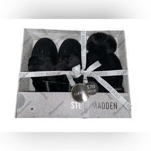 SOLD NIB Steve Madden Black Glitter Fuzzy Slippers and Pom Beanie Size M